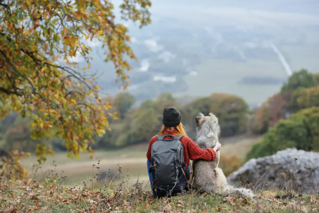 A woman sits with her dog looking out over an expansive forest view. she can spread her pet''s ashes in a memorial forest