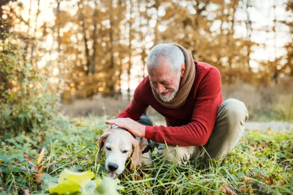 a man pets his senior dog in a Better Place Forest Memorial Forest. he is wondering who will care for your pet when you pass away
