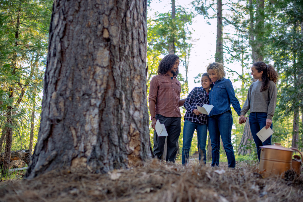 Family at a memorial tree talking about a testator vs executor
