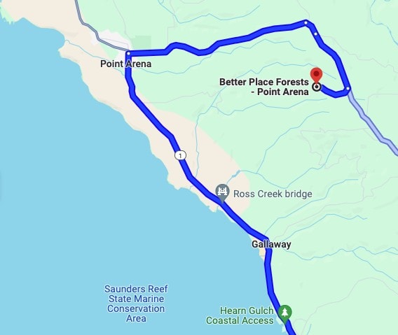 Map of driving directions from Highway 1 to Better Place Forests Point Arena