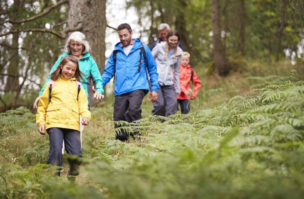 Multi generation family walking in line downhill on a trail in a forest