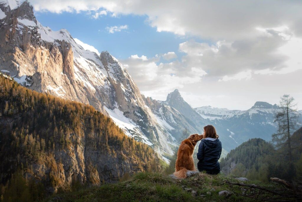 Girl sitting with her dog and enjoying the views of the mountains. Looking for a place for a dog burial