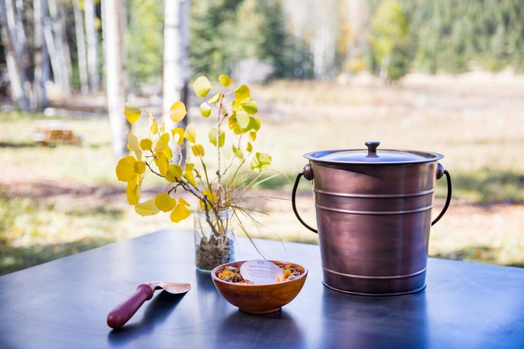A table in a memorial forest with wildflower seeds and flower petals in a bowl after someone wonders about the King James Bible and Cremation