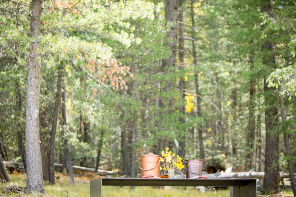 A ceremonial table hold an urn used for mixing ashes and soil in a Better Place Forests Memorial Forest.
