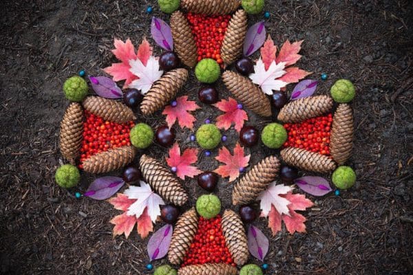 A natural mandala created from pinecones, leaves, and other forest materials is laid out on a forest floor to honor a death anniversary