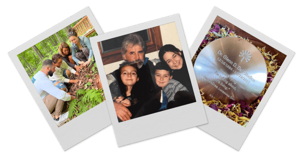 A series of polaroid style photos containing a family spreading ashes at the base of a memorial tree at Better Place Forests, a candid photo of the family together at home, and a memorial marker with an inscription that reads "It aint dying I'm talking about, it's living"