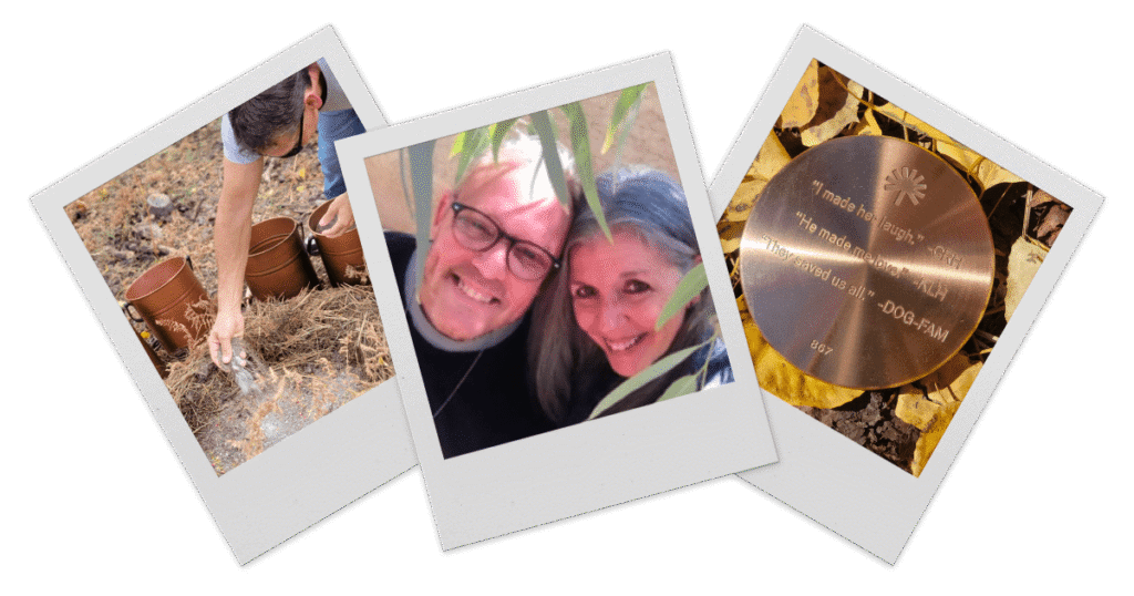 A series of polaroid style photos depicting a man spreading ashes at the base of a tree in a Better Place Forests location, a couple together smiling, and a memorial marker inscribed "I made her laugh -CRH He made me love - KLH They saved us all DOG-FAM"
