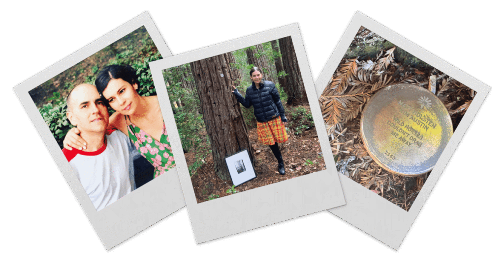 A series of polaroid style photos with a happy couple, a female standing beside a tree with a photo at the base, and a memorial marker with an inscription that reads "Wild horses couldn't drag me away"