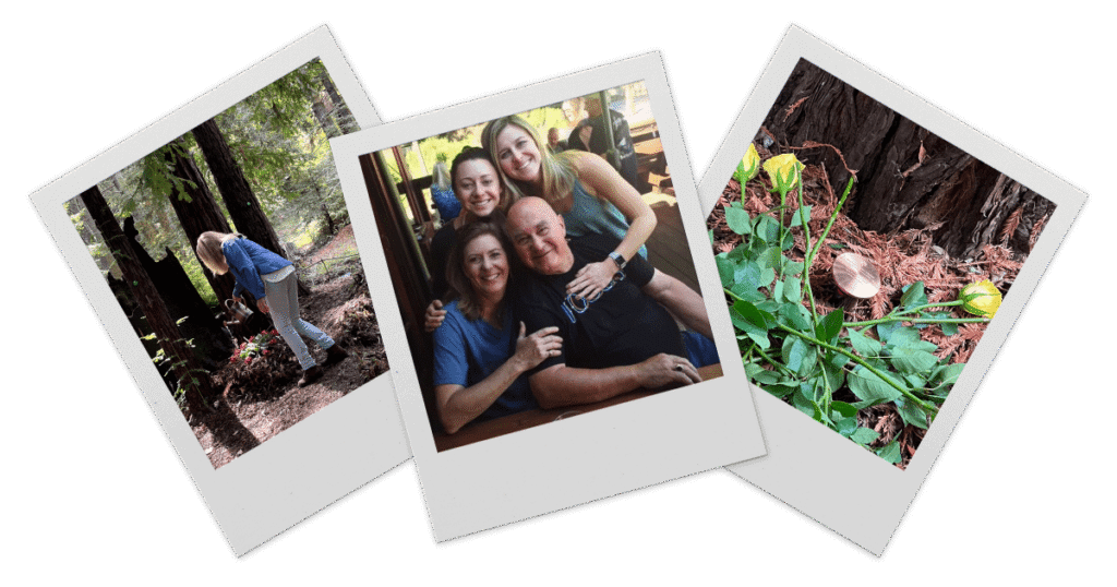 A series of polaroid style photos depicting a woman watering wildflowers at the base of a memorial tree in a Better Place Forests location, a candid photo of a family together, and a photo of a bronze memorial marker at the base of a memorial tree with rose stems beside it.