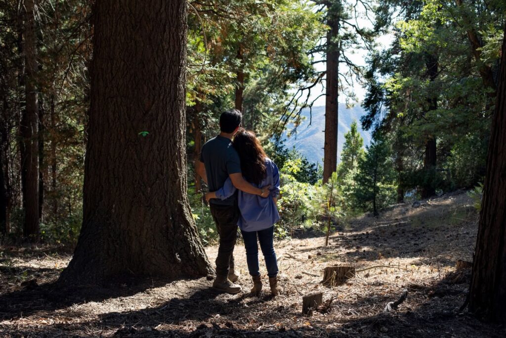 a dad and daughter stand in the forest next to a large tree. Thinking about what states allow human composting