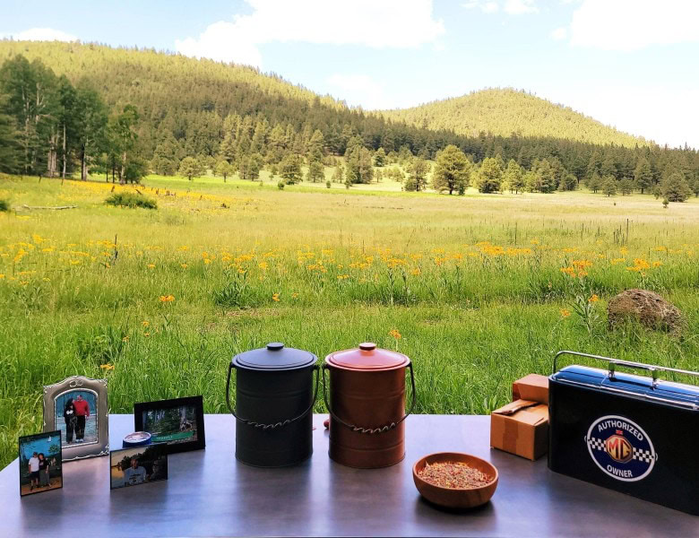 A memorial table set up for a forest memorial in the Better Place Forests Memorial Forest in Flagstaff Arizona.