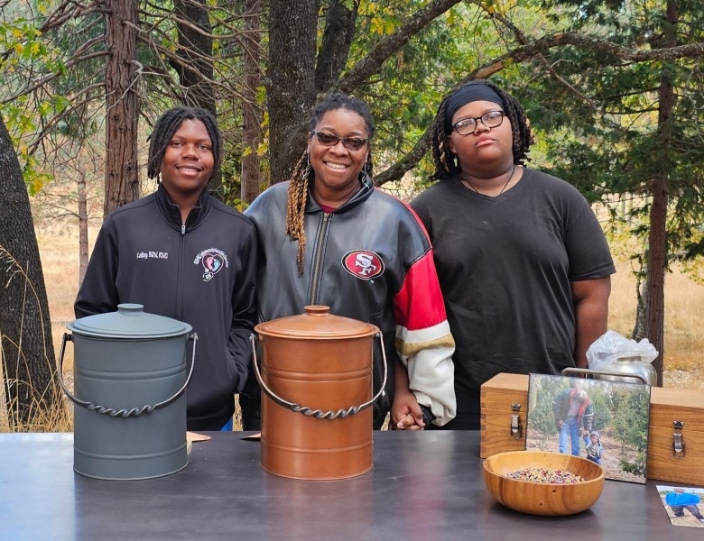 The Jones family having a forest memorial for their loved one in Better Place Forests Yosemite Gateway memorial forest.