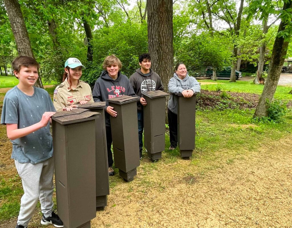 kids with the bat boxes installation