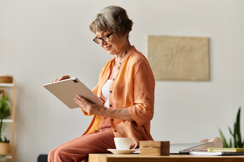 Senior woman enjoys quiet moments at home with a tablet surrounded by cozy decor