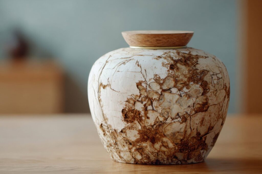 A cremation urn sitting on a table