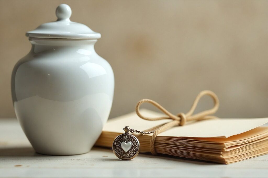 A white cremation urn next to a journal