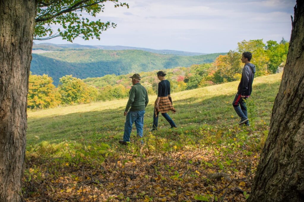 a family walks through the Berkshires Memorial Forest