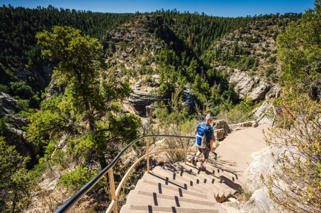 A hiker climbs into the canyon and takes in the view from Island Trail at Walnut Canyon National Monument near Flagstaff, Arizona