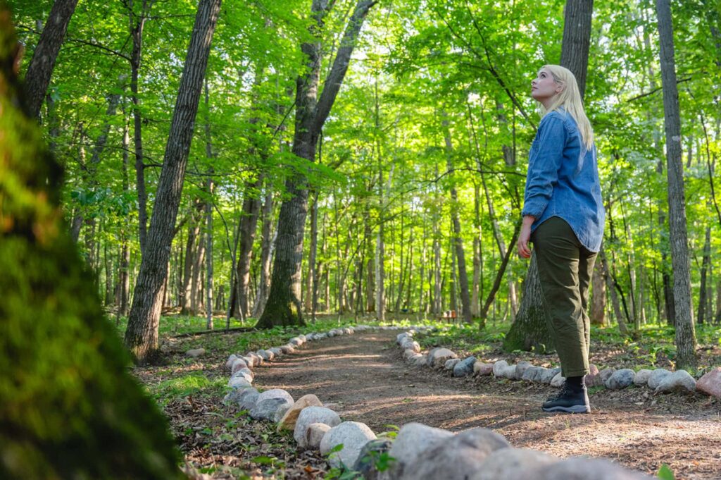 Women standing alone on a peaceful forest path lined with trees and stones, surrounded by green foliage in a forest setting.