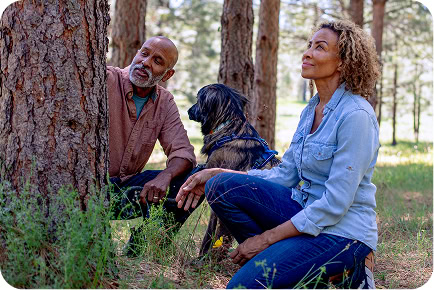 A man and a woman sit with their dog at the foot of a mature pine in a sunlit forest.